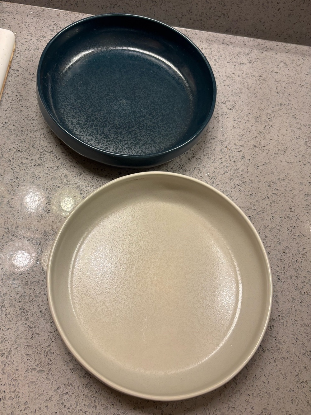 Crate and Barrel Visto Grey Stoneware Low Bowl Set - Blue and Cream